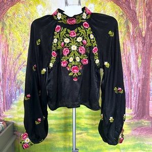 Free People Black Floral Embroidered Blouse